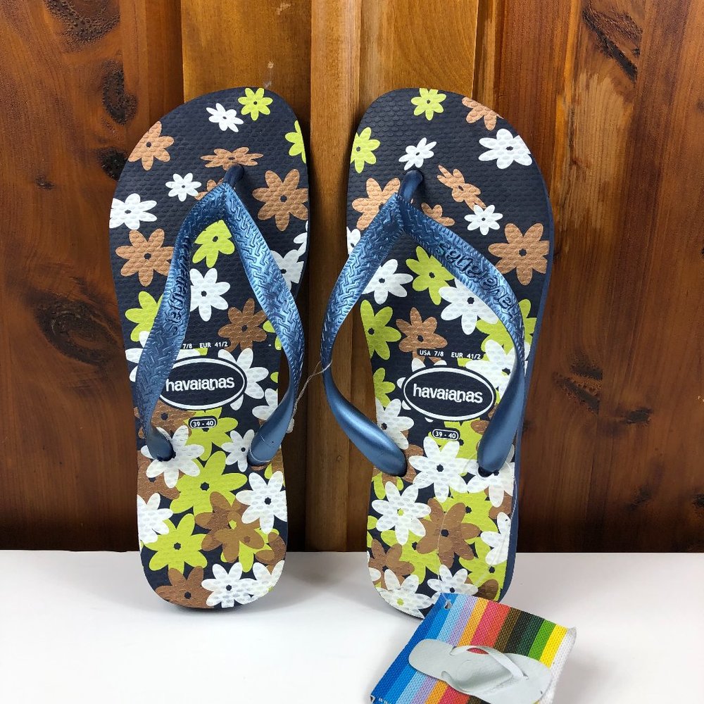 NEW - Havaianas Blue Floral Flip Flop Beachy Coastal Festival Summer Vacation